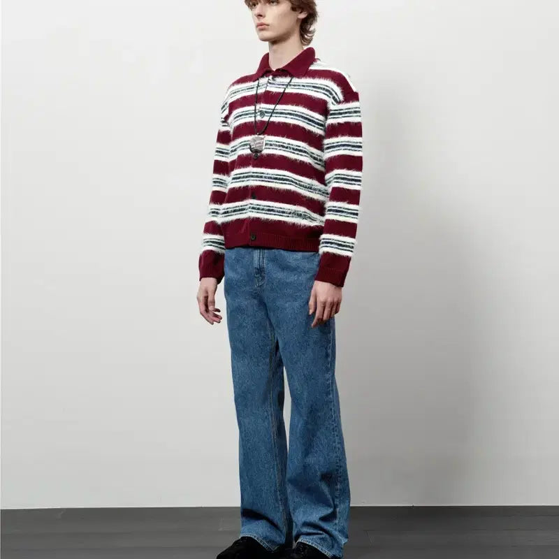 [BUNJANG] STU Fluffy Stripe Cardigan Burgundy M / STU 플러피 스트라이프 가디건 버건디 M