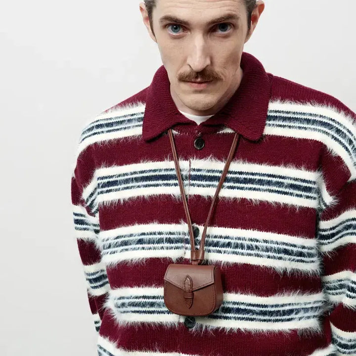[BUNJANG] STU Fluffy Stripe Cardigan Burgundy M / STU 플러피 스트라이프 가디건 버건디 M
