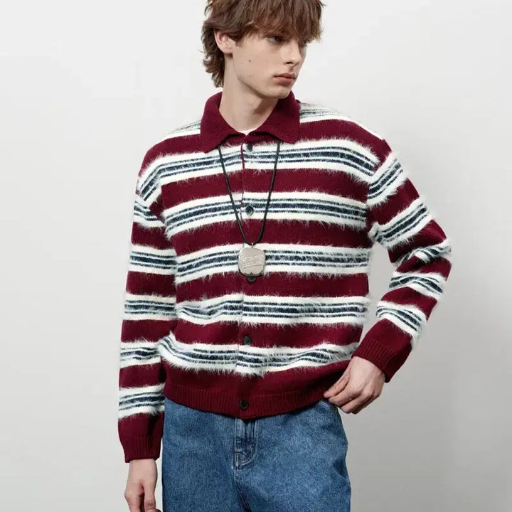[BUNJANG] STU Fluffy Stripe Cardigan Burgundy M / STU 플러피 스트라이프 가디건 버건디 M