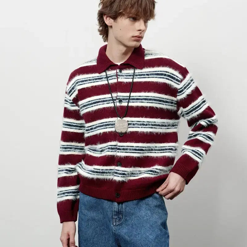 [BUNJANG] STU Fluffy Stripe Cardigan Burgundy M / STU 플러피 스트라이프 가디건 버건디 M