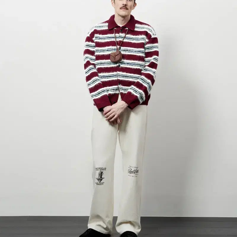 [BUNJANG] STU Fluffy Stripe Cardigan Burgundy M / STU 플러피 스트라이프 가디건 버건디 M
