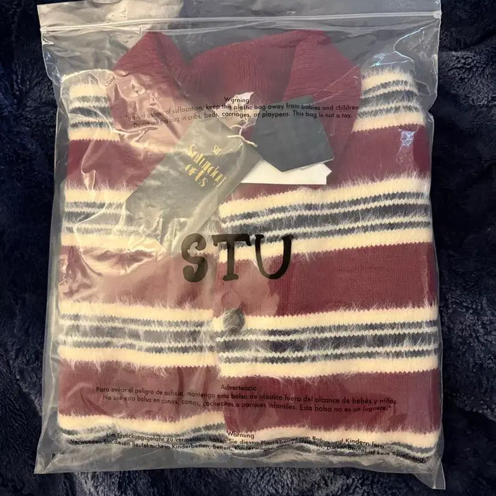 [BUNJANG] STU Fluffy Stripe Cardigan Burgundy M / STU 플러피 스트라이프 가디건 버건디 M