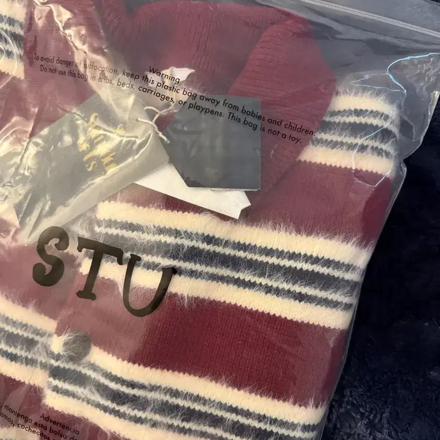 [BUNJANG] STU Fluffy Stripe Cardigan Burgundy M / STU 플러피 스트라이프 가디건 버건디 M
