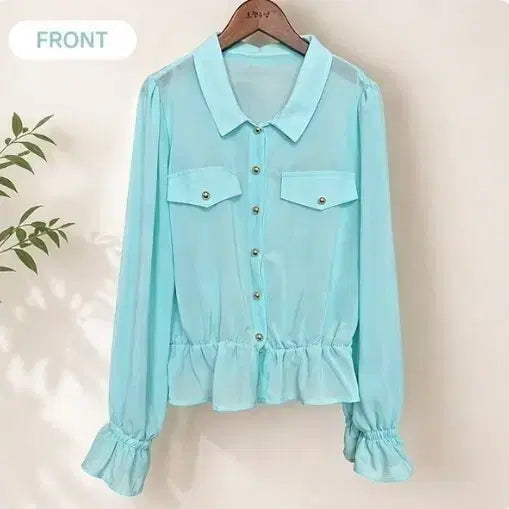 [BUNJANG] Mint Chiffon Blouse with Gold Buttons / 민트 쉬폰 블라우스 / 여리핏 / 골드버튼 / 상태좋음