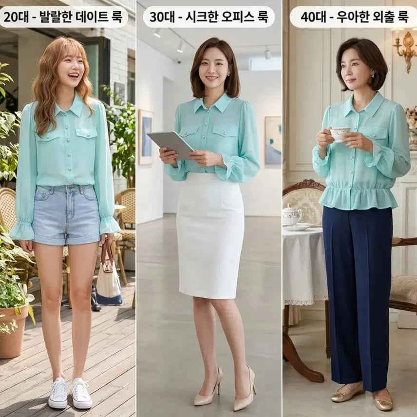[BUNJANG] Mint Chiffon Blouse with Gold Buttons / 민트 쉬폰 블라우스 / 여리핏 / 골드버튼 / 상태좋음