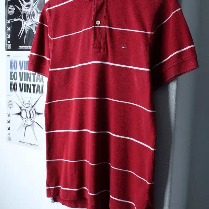 [BUNJANG] Tommy Hilfiger Striped Burgundy Polo Shirt / (XS-M) 타미힐피거 반팔 카라 티셔츠 스트라이프 버건디-185CC
