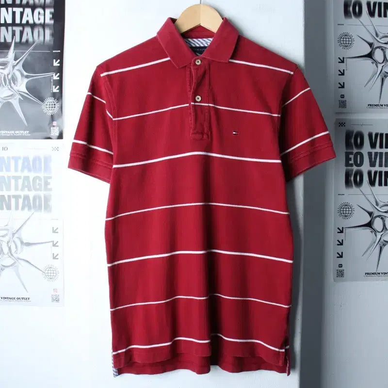 [BUNJANG] Tommy Hilfiger Striped Burgundy Polo Shirt / (XS-M) 타미힐피거 반팔 카라 티셔츠 스트라이프 버건디-185CC
