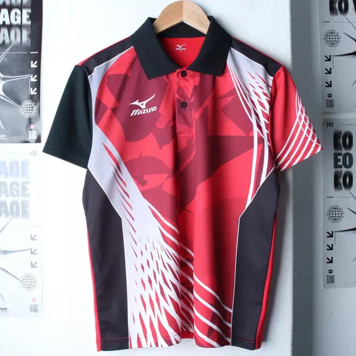 [BUNJANG] Mizuno Short Sleeve Polo Shirt Red - Old School / (S-M) 미즈노 반팔 카라 티셔츠 탁구 기능성 레드 올드스쿨-185CE