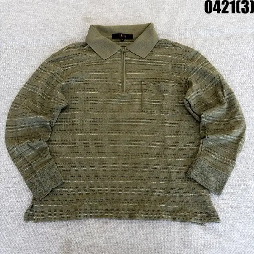 [BUNJANG] Daks Striped Long Sleeve Polo Shirt / 95 닥스 카키색 스트라이프 긴팔 카라 티셔츠 0421(3)
