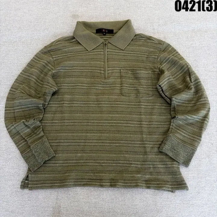 [BUNJANG] Daks Striped Long Sleeve Polo Shirt / 95 닥스 카키색 스트라이프 긴팔 카라 티셔츠 0421(3)