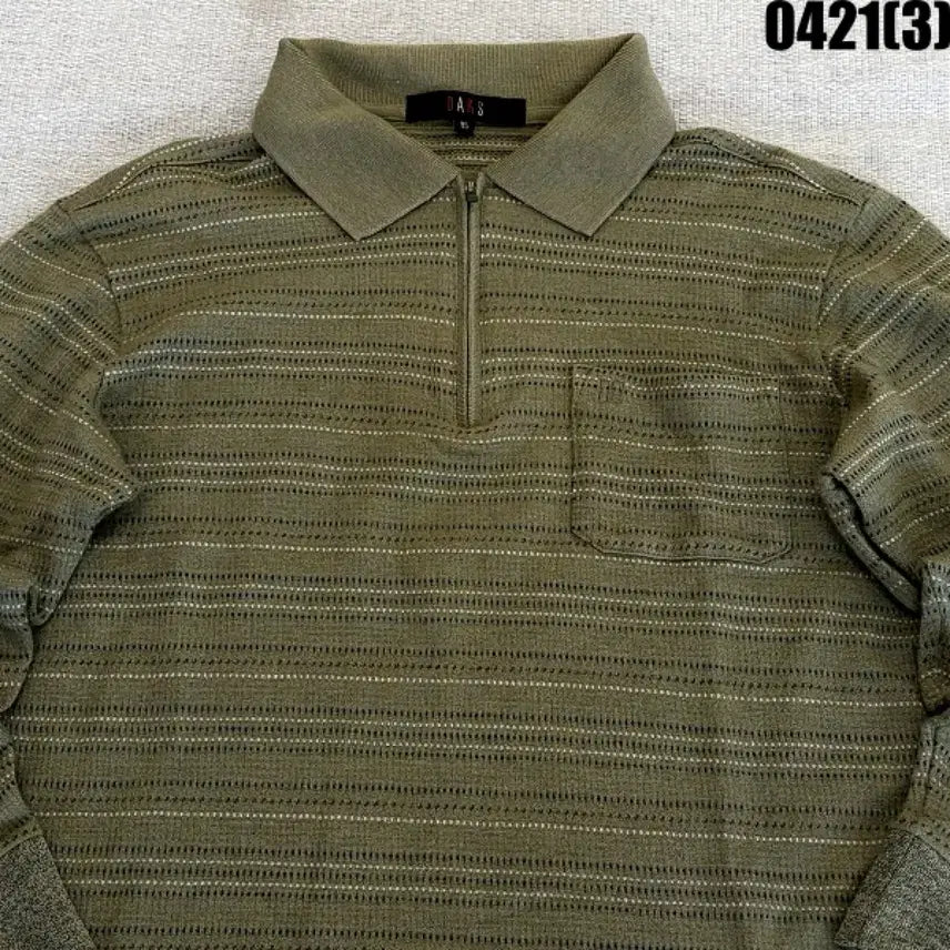 [BUNJANG] Daks Striped Long Sleeve Polo Shirt / 95 닥스 카키색 스트라이프 긴팔 카라 티셔츠 0421(3)
