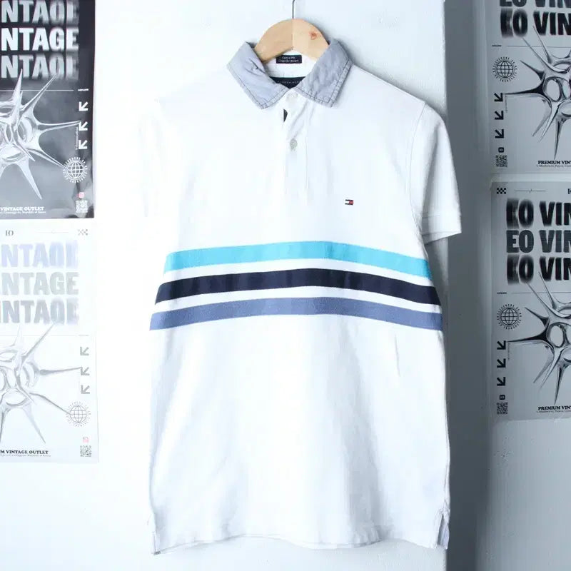 [BUNJANG] Tommy Hilfiger Short Sleeve Polo Shirt - White / (XS-M) 타미힐피거 반팔 카라 티셔츠 삼선 화이트 올드스쿨-185D1