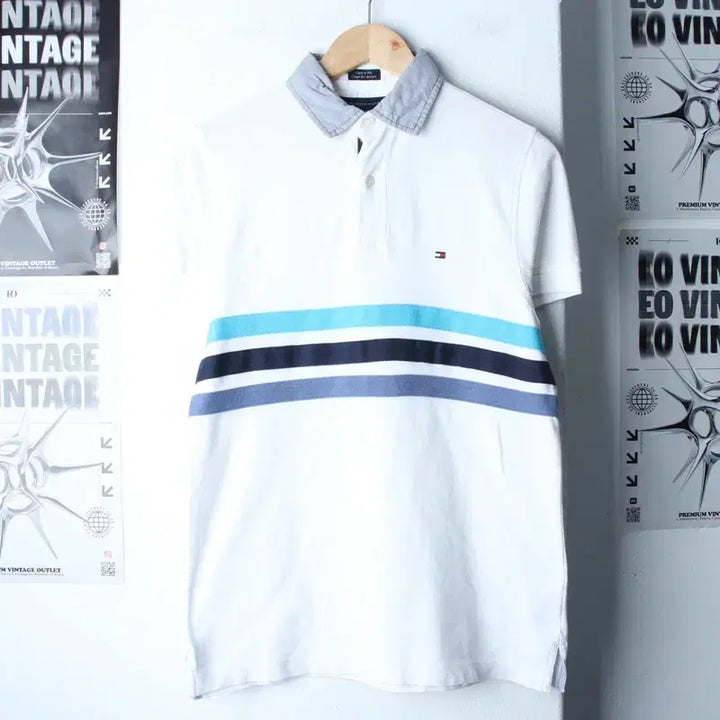 [BUNJANG] Tommy Hilfiger Short Sleeve Polo Shirt - White / (XS-M) 타미힐피거 반팔 카라 티셔츠 삼선 화이트 올드스쿨-185D1