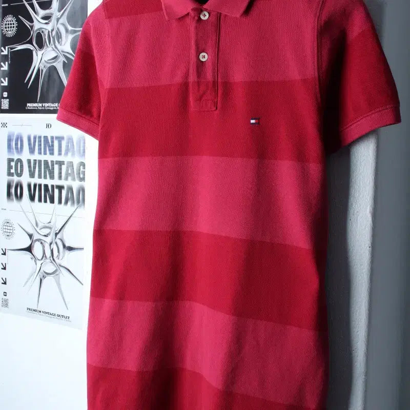 [BUNJANG] Tommy Hilfiger Striped Burgundy Polo Shirt / (XS-S) 타미힐피거 반팔 카라 티셔츠 스트라이프 버건디-185DB