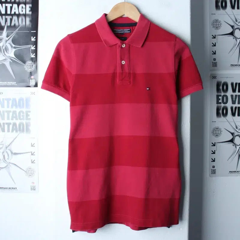 [BUNJANG] Tommy Hilfiger Striped Burgundy Polo Shirt / (XS-S) 타미힐피거 반팔 카라 티셔츠 스트라이프 버건디-185DB