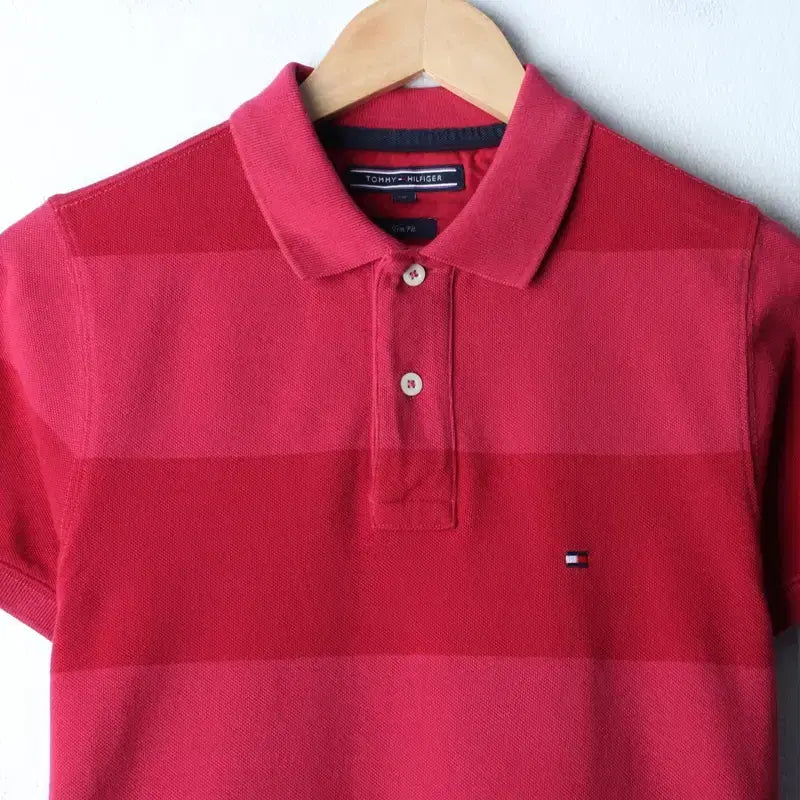 [BUNJANG] Tommy Hilfiger Striped Burgundy Polo Shirt / (XS-S) 타미힐피거 반팔 카라 티셔츠 스트라이프 버건디-185DB