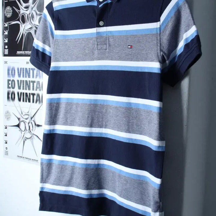 [BUNJANG] Tommy Hilfiger Striped Polo Shirt / (S-M) 타미힐피거 반팔 카라 티셔츠 스트라이프 블루-185DD