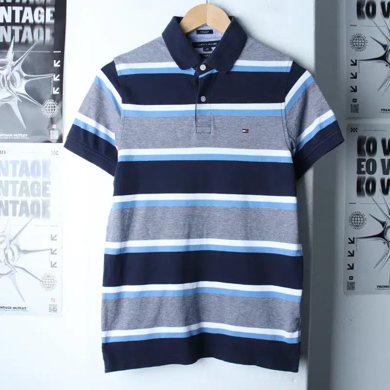 [BUNJANG] Tommy Hilfiger Striped Polo Shirt / (S-M) 타미힐피거 반팔 카라 티셔츠 스트라이프 블루-185DD