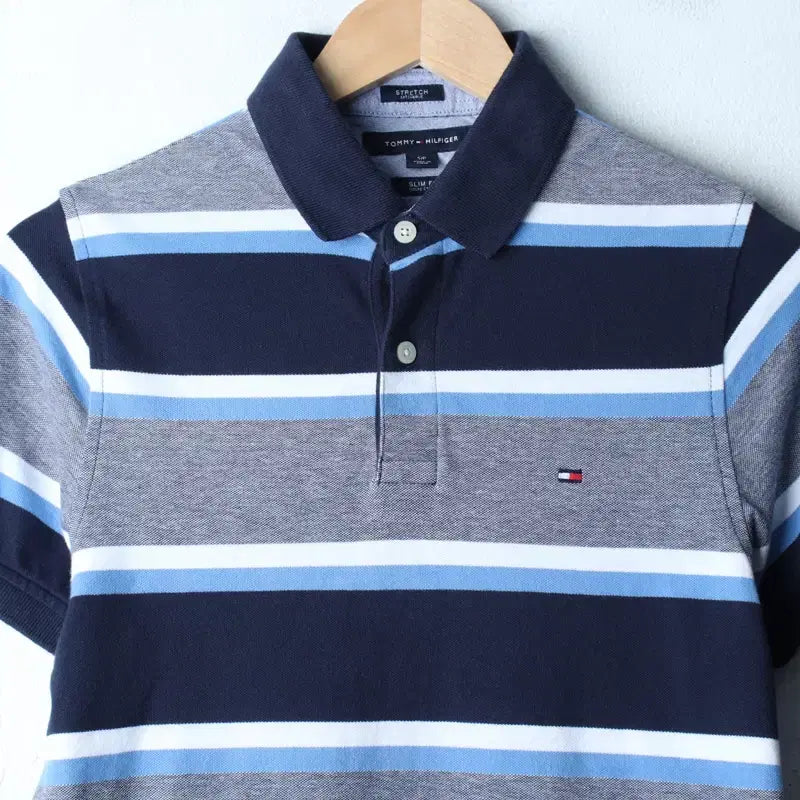 [BUNJANG] Tommy Hilfiger Striped Polo Shirt / (S-M) 타미힐피거 반팔 카라 티셔츠 스트라이프 블루-185DD