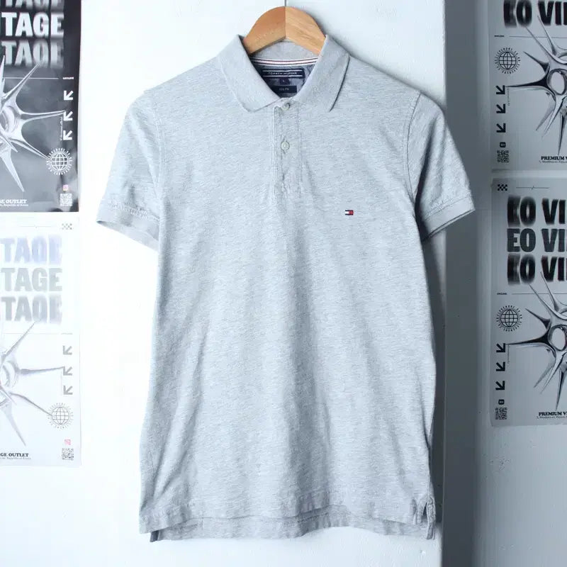 [BUNJANG] Tommy Hilfiger Small Logo Gray Polo T-shirt / (S-M) 타미힐피거 반팔 카라 티셔츠 스몰로고 그레이 기본-185DE