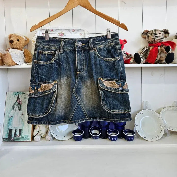 [BUNJANG] Vintage Washed Denim Cargo Skirt / 빈티지 워싱 데님 카고 스커트