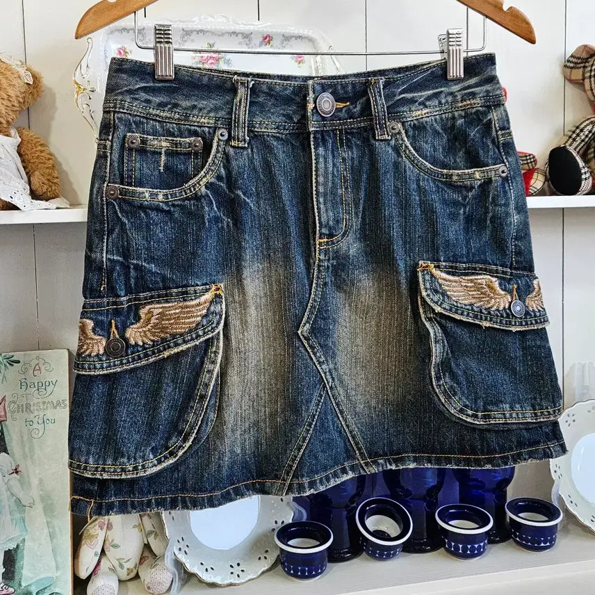 [BUNJANG] Vintage Washed Denim Cargo Skirt / 빈티지 워싱 데님 카고 스커트