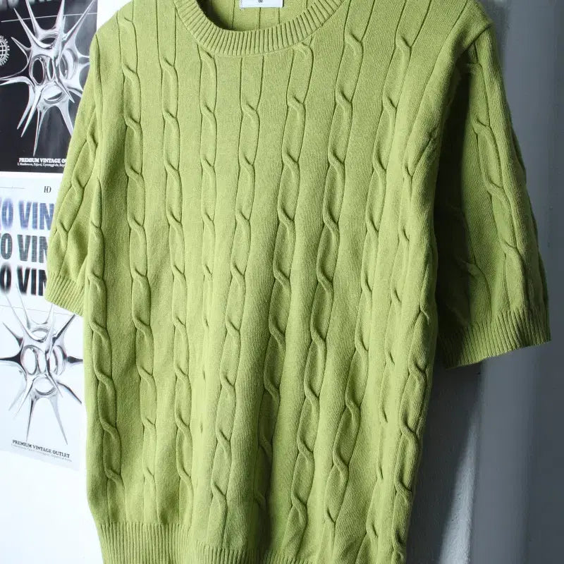 [BUNJANG] Kuztung Cable Knit T-shirt / (L) 쿠즈텡 반팔 티셔츠 니트 케이블 꽈배기 그린-185E0