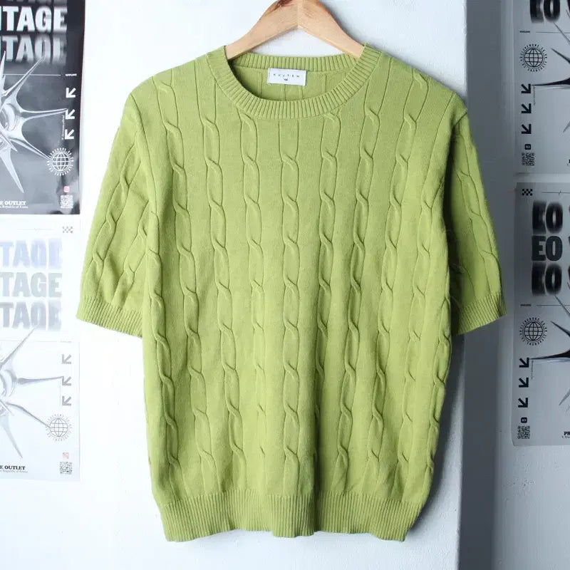 [BUNJANG] Kuztung Cable Knit T-shirt / (L) 쿠즈텡 반팔 티셔츠 니트 케이블 꽈배기 그린-185E0
