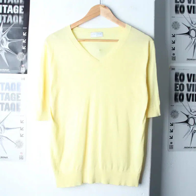 [BUNJANG] Kuztang V-Neck Knit T-shirt (Yellow) / W(XL) 쿠즈텡 반팔 티셔츠 브이넥 니트 노랑 무지-185E6