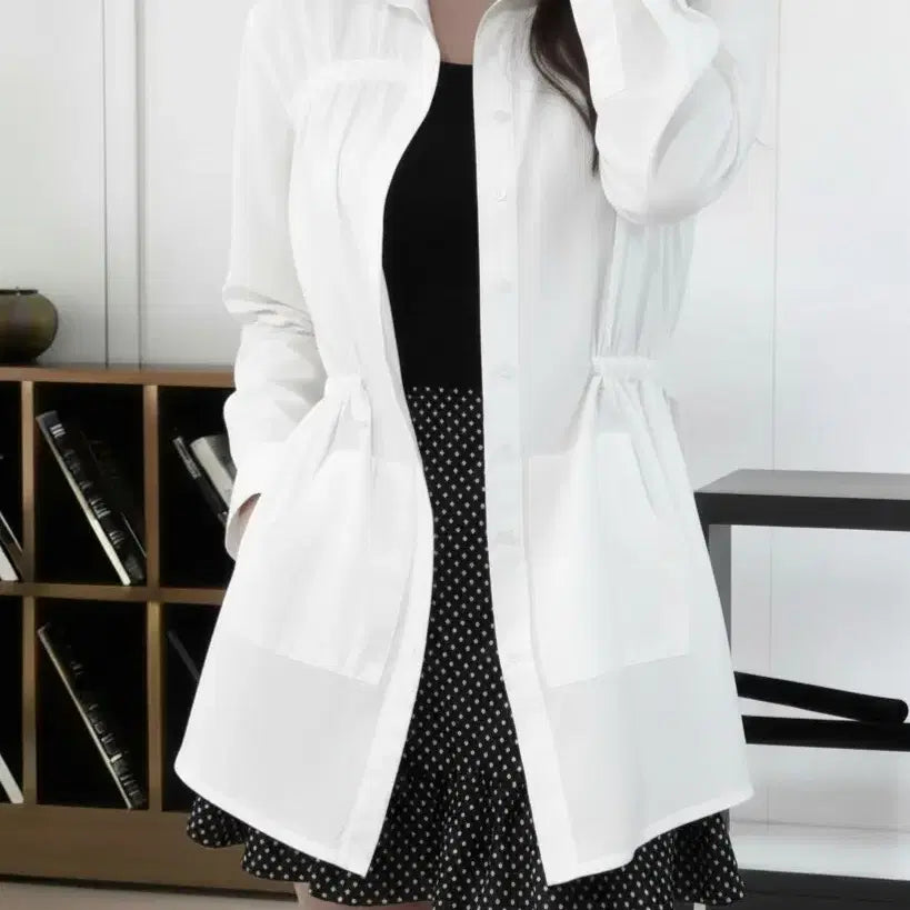 [BUNJANG] White Longline String Shirt / 화이트 스트링 셔츠 롱 남방