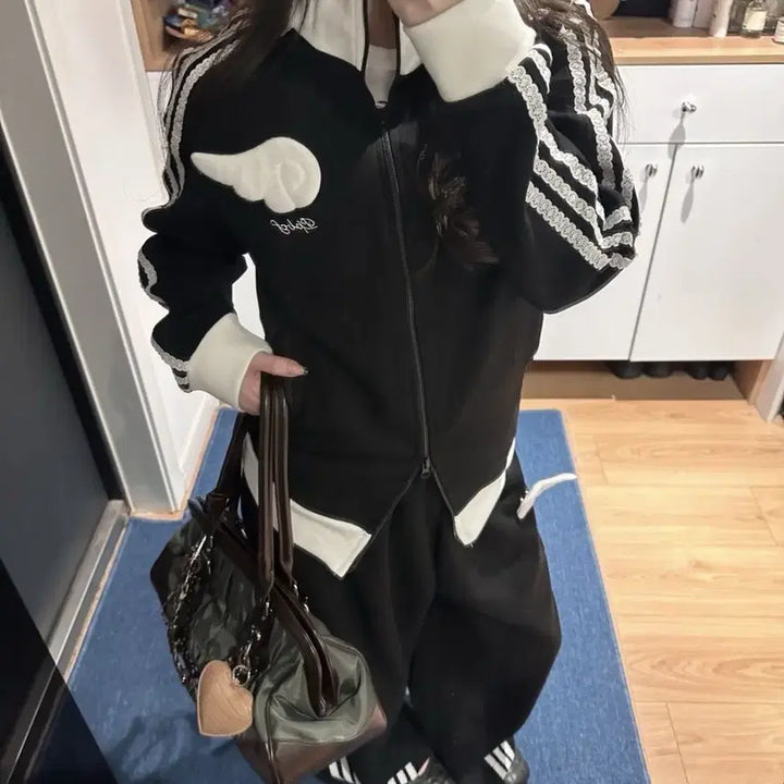 [BUNJANG] Subculture Wing Embroidery Zip-up Jersey / 서브컬처 날개 자수 집업 져지