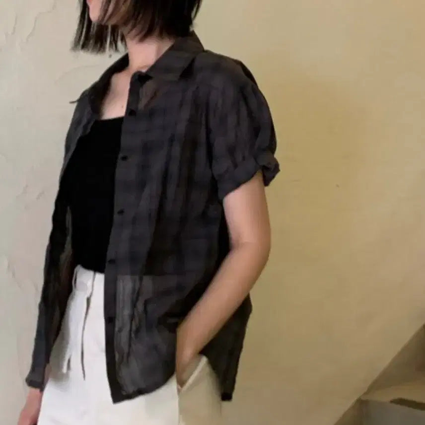 [BUNJANG] Sageement Charcoal Checkered Short Sleeve Shirt / (1회착용) 세이지먼트 반팔 체크 셔츠 - 차콜