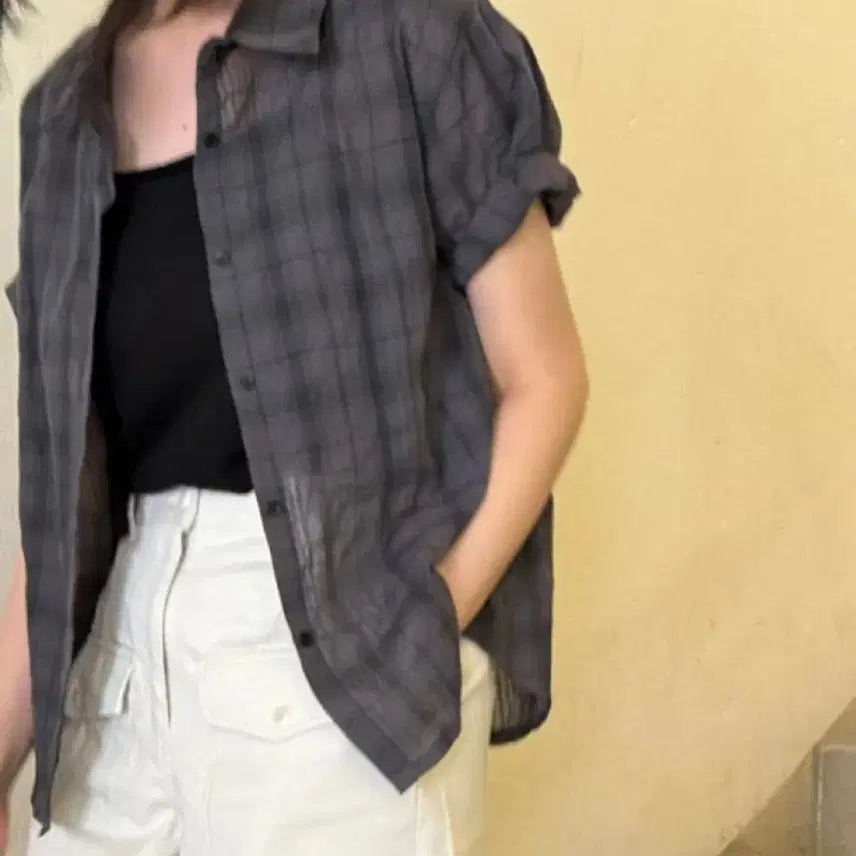 [BUNJANG] Sageement Charcoal Checkered Short Sleeve Shirt / (1회착용) 세이지먼트 반팔 체크 셔츠 - 차콜