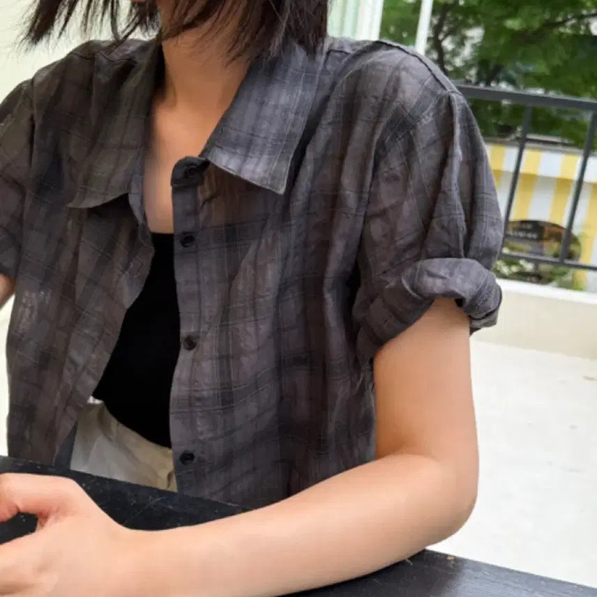 [BUNJANG] Sageement Charcoal Checkered Short Sleeve Shirt / (1회착용) 세이지먼트 반팔 체크 셔츠 - 차콜