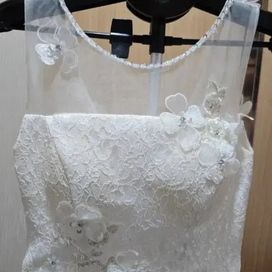 [BUNJANG] White Floral Lace Chiffon Midi Dress / 여성 화이트 플라워 장식 쉬폰 원피스
