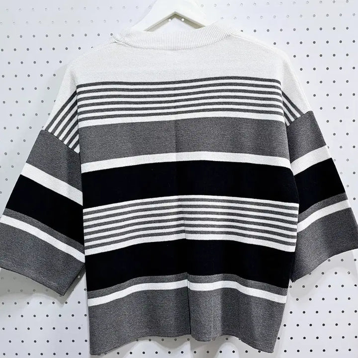 [BUNJANG] Striped Knit Three-Color 7-Part Knit Top / 스트라이프 니트 삼색 단가라 7부니트티