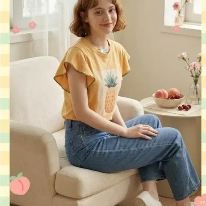 [BUNJANG] CIEN Pineapple Frill Sleeve T-Shirt FREE Yellow / [FREE] CIEN 파인애플 프릴 소매 티셔츠 (상태 최상/옐로우)