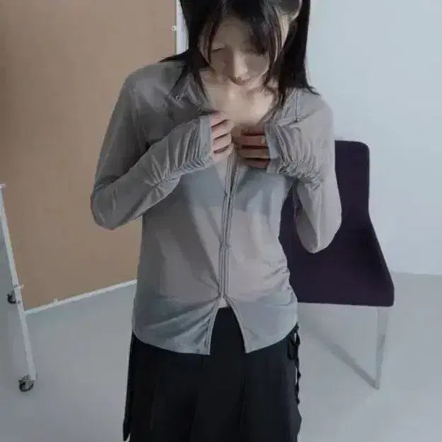 [BUNJANG] Woohwa Mesh Shirring Cardigan Gray / 우화 메쉬 셔링 가디건 그레이