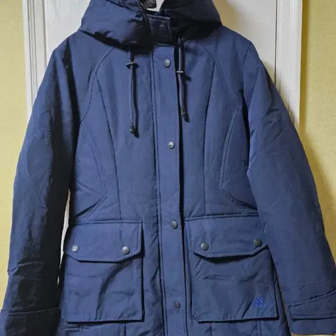 [BUNJANG] Adidas Navy Hooded Long Padded Parka / 아디다스 롱파카 네이비 후드 패딩 90