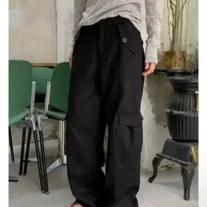 [BUNJANG] Daily Jou Cotton Cargo Wide Pants - Black S / [데일리쥬] 클랜시 카고 코튼 와이드 팬츠 - 블랙 S 지그재그에이블리