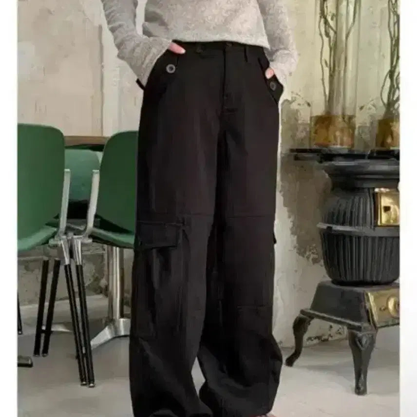 [BUNJANG] Daily Jou Cotton Cargo Wide Pants - Black S / [데일리쥬] 클랜시 카고 코튼 와이드 팬츠 - 블랙 S 지그재그에이블리