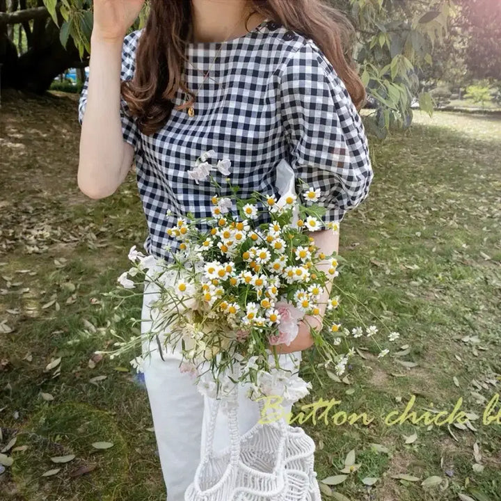 [BUNJANG] Check Puff Short Sleeve Blouse Black S / 체크 블라우스 퍼프 반팔 블랙s