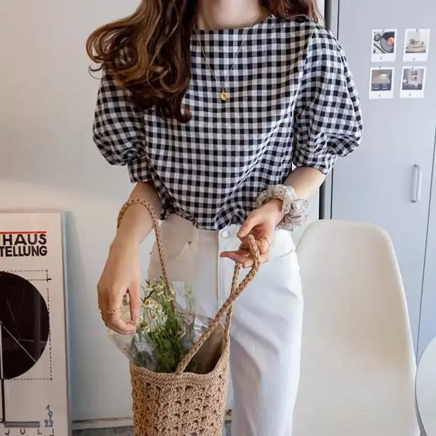 [BUNJANG] Check Puff Short Sleeve Blouse Black S / 체크 블라우스 퍼프 반팔 블랙s
