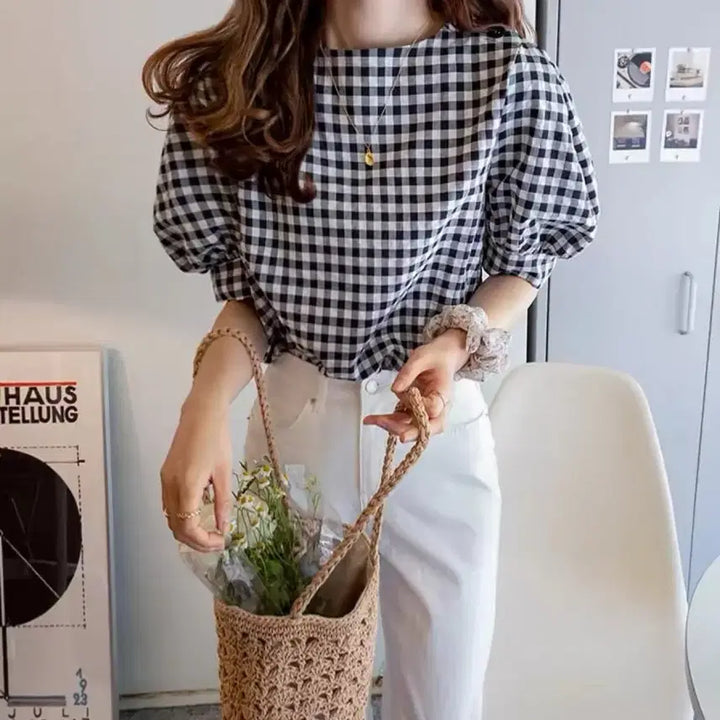 [BUNJANG] Check Puff Short Sleeve Blouse Black S / 체크 블라우스 퍼프 반팔 블랙s