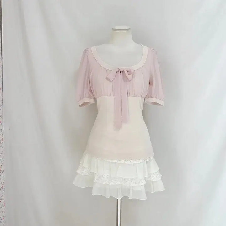 [BUNJANG] Moodbridge Vintage Romantic Pink Chiffon Ribbon Crop Top / 무드브릿지 빈티지 로맨틱 핑크 쉬폰 리본 로걀탑 엑시즈팜 세실맥비 잉그니