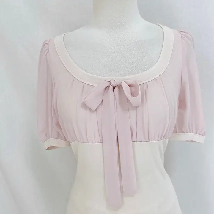 [BUNJANG] Moodbridge Vintage Romantic Pink Chiffon Ribbon Crop Top / 무드브릿지 빈티지 로맨틱 핑크 쉬폰 리본 로걀탑 엑시즈팜 세실맥비 잉그니