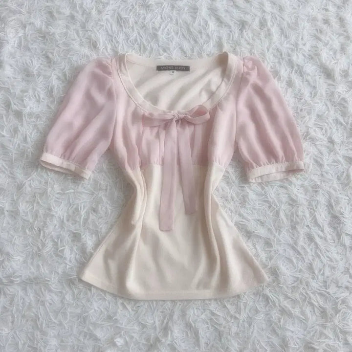 [BUNJANG] Moodbridge Vintage Romantic Pink Chiffon Ribbon Crop Top / 무드브릿지 빈티지 로맨틱 핑크 쉬폰 리본 로걀탑 엑시즈팜 세실맥비 잉그니