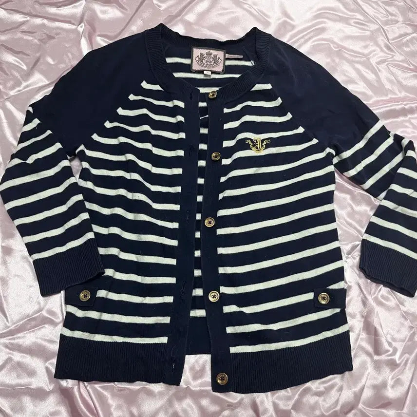 [BUNJANG] Juicy Couture Marine Gal Gold Button Stripe Cardigan Navy / 쥬씨꾸뛰르 마린 갸루 골드버튼 스트라이프 가디건