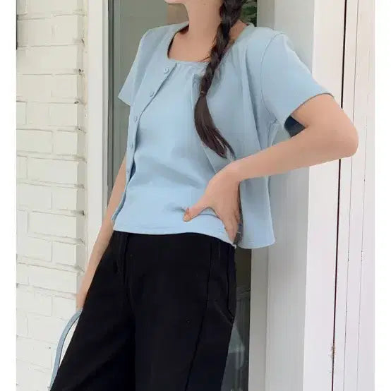 [BUNJANG] Linen Short Sleeve Cardigan - Sky Blue / 린넨 반팔 가디건 하늘색