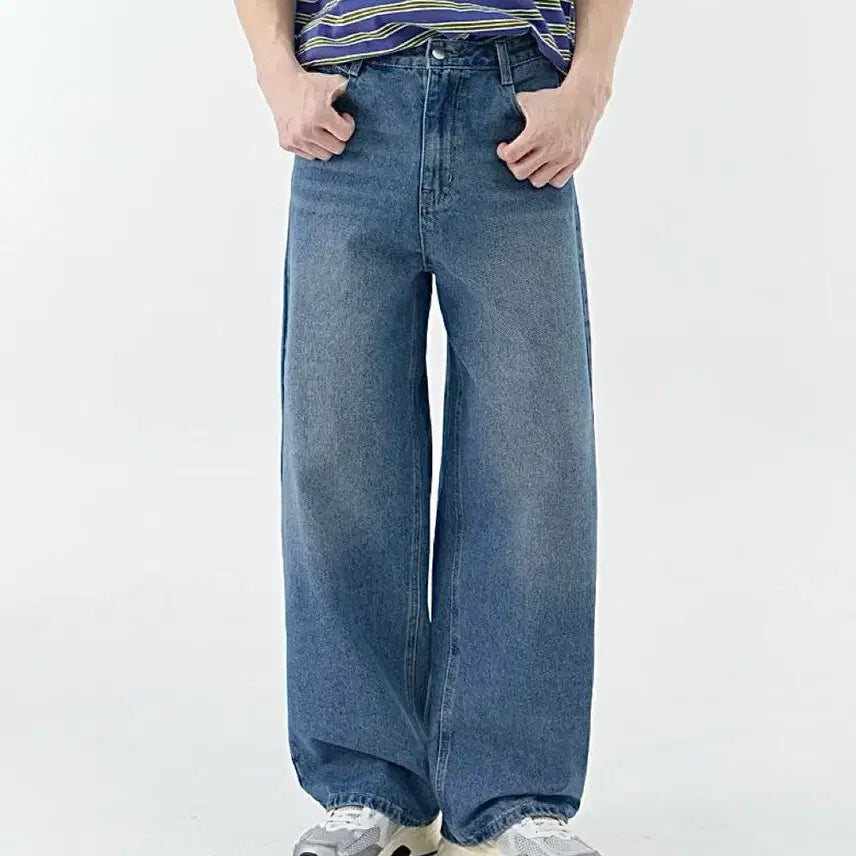 [BUNJANG] Unisex Curved Wide Denim Pants - Medium Blue XL / (새상품 택포가격) 아크시 배기 커브드 와이드데님 팬츠유니섹스 중청 XL